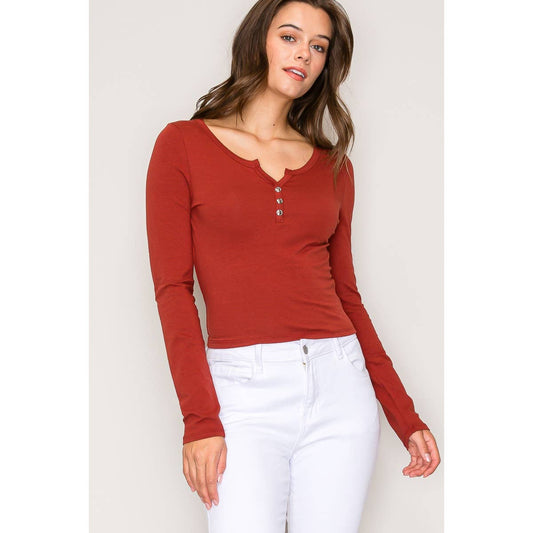 Notch V Neck Button Front Long Sleeve Cotton Top: Chili Oil / S-M-L(2-2-2)
