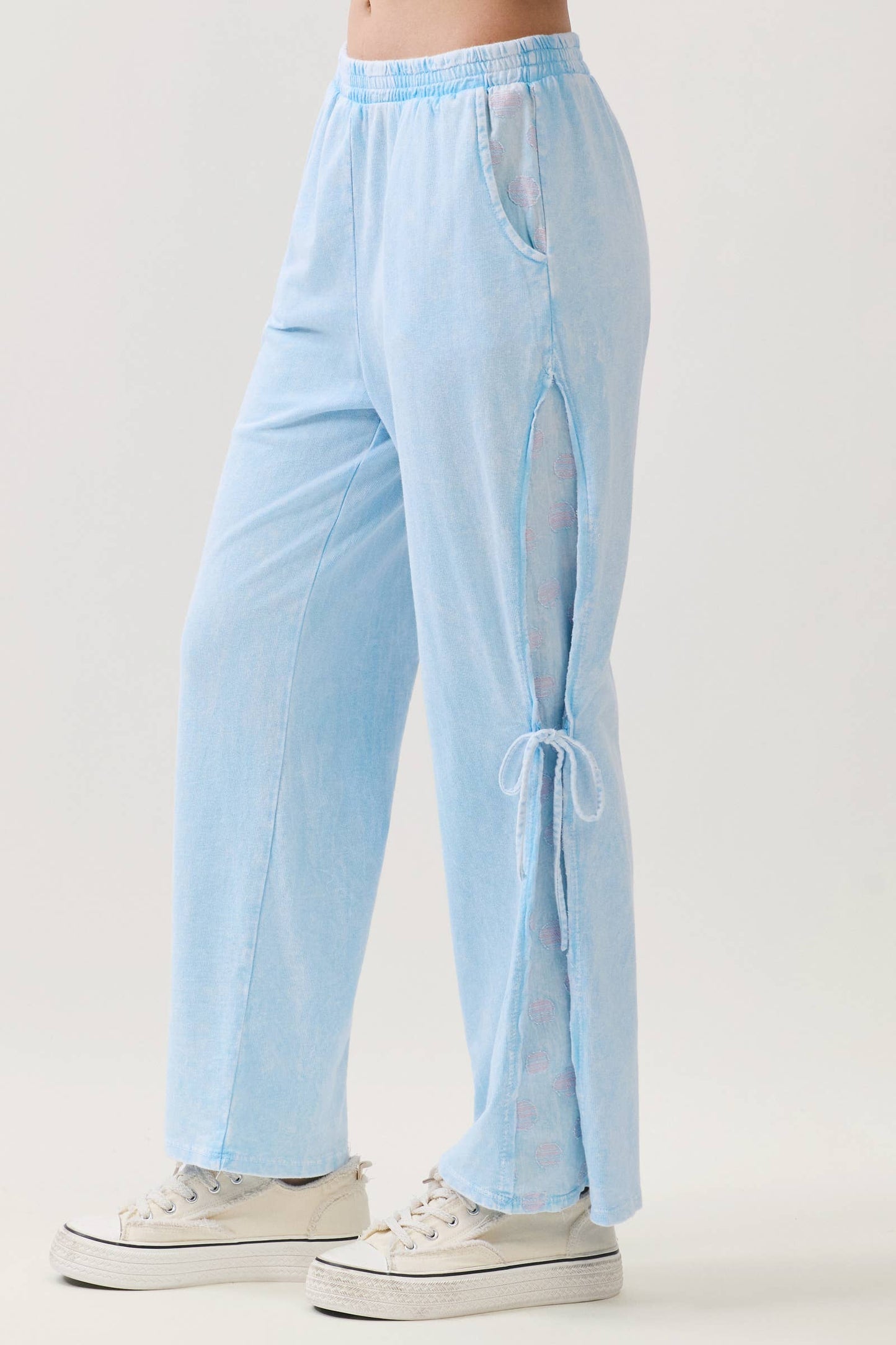 Mineral Washed Polkadot Side Bow Tie Pants HP7324: Baby Blue / S-M-L / 2-2-2