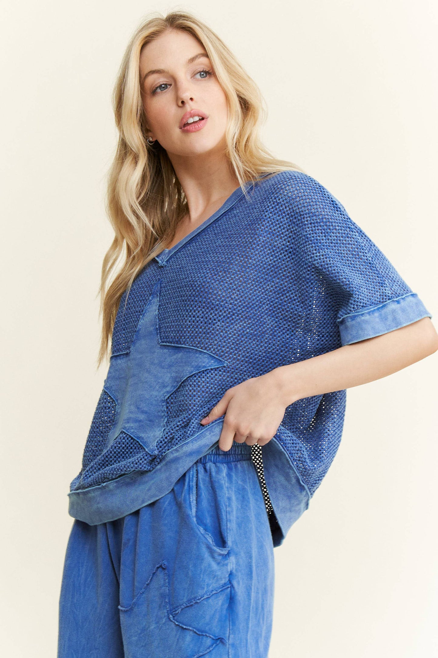 MineralWashed Star patched Mesh Knit Vest top HT6385: Silver Grey / S-M- L / 2-2-2