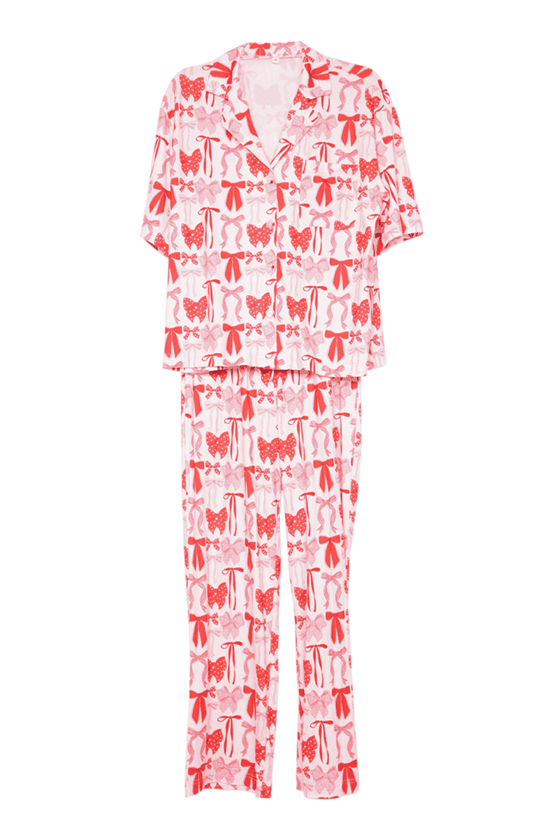 Pink & Red Coquette Bows Pajama Pants Set: Light Pink / S