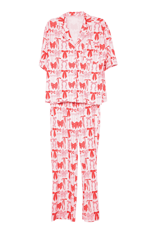 Pink & Red Coquette Bows Pajama Pants Set: Light Pink / M