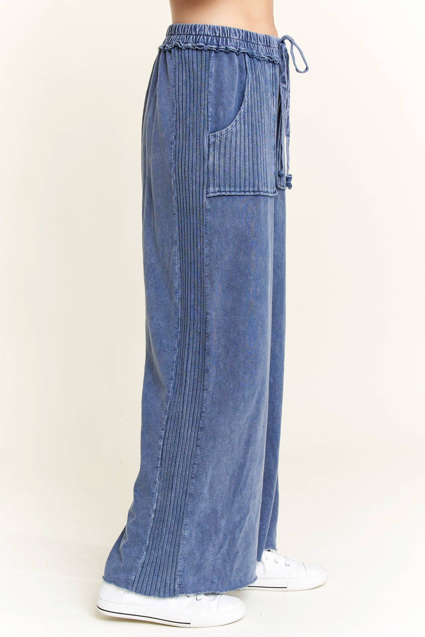 Mineral Wash Side Knit detail wide leg pants HE5878P: Midnight Green / S-M-L / 2-2-2