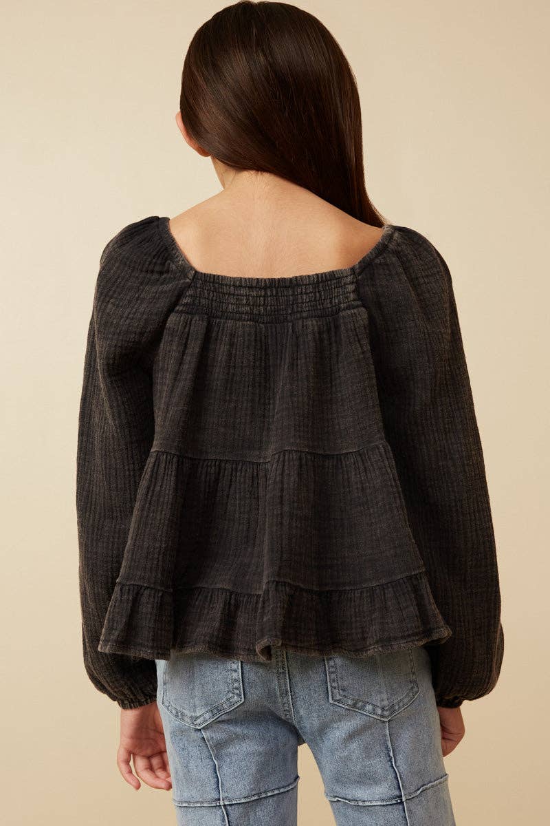 Girls Smock Detailed Textured Washed Peplum Top - 4 Pack: Black / Pack