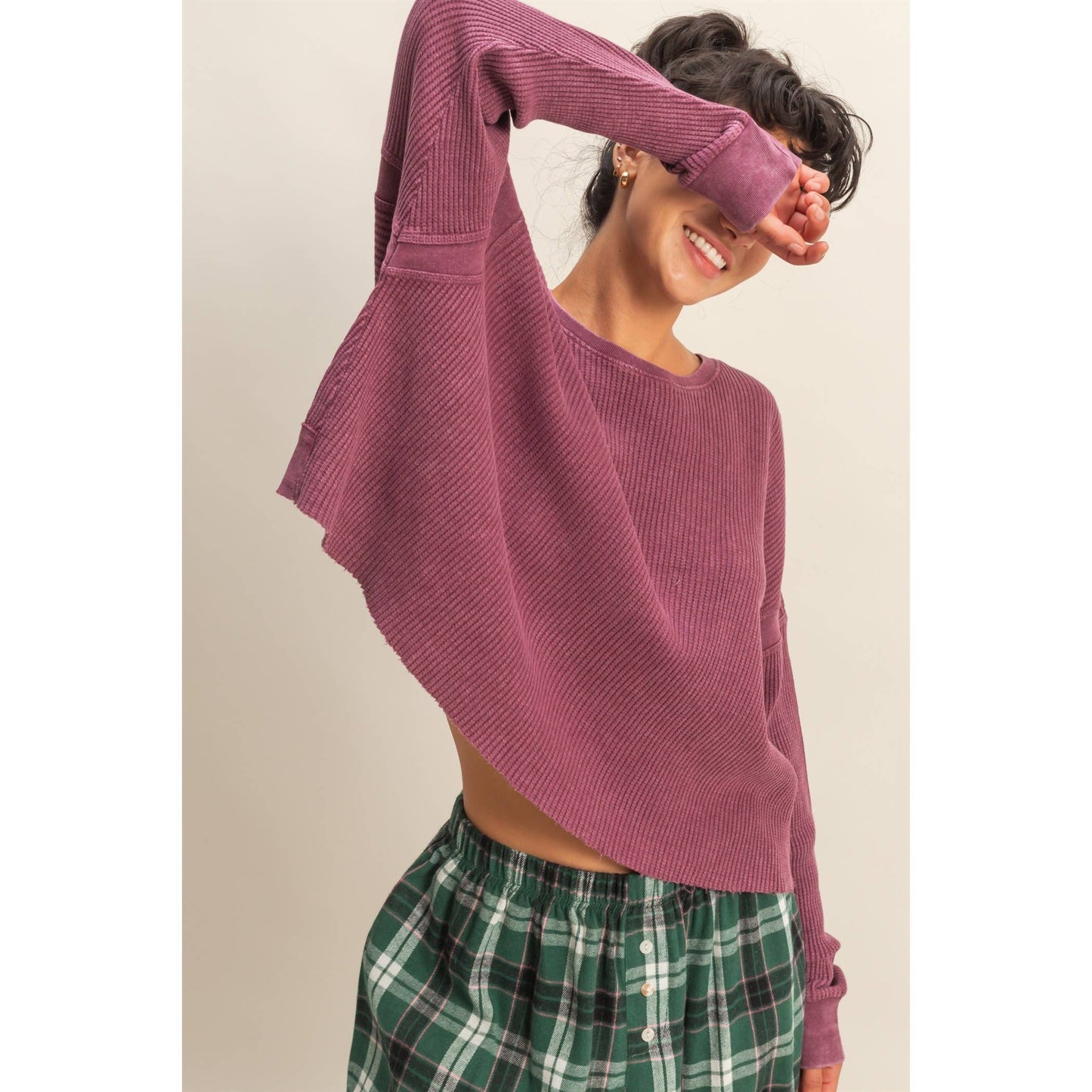 Chic Open Back Textured Knit Long Sleeve Top: TAFFY PINK / S-M-L(2-2-2)