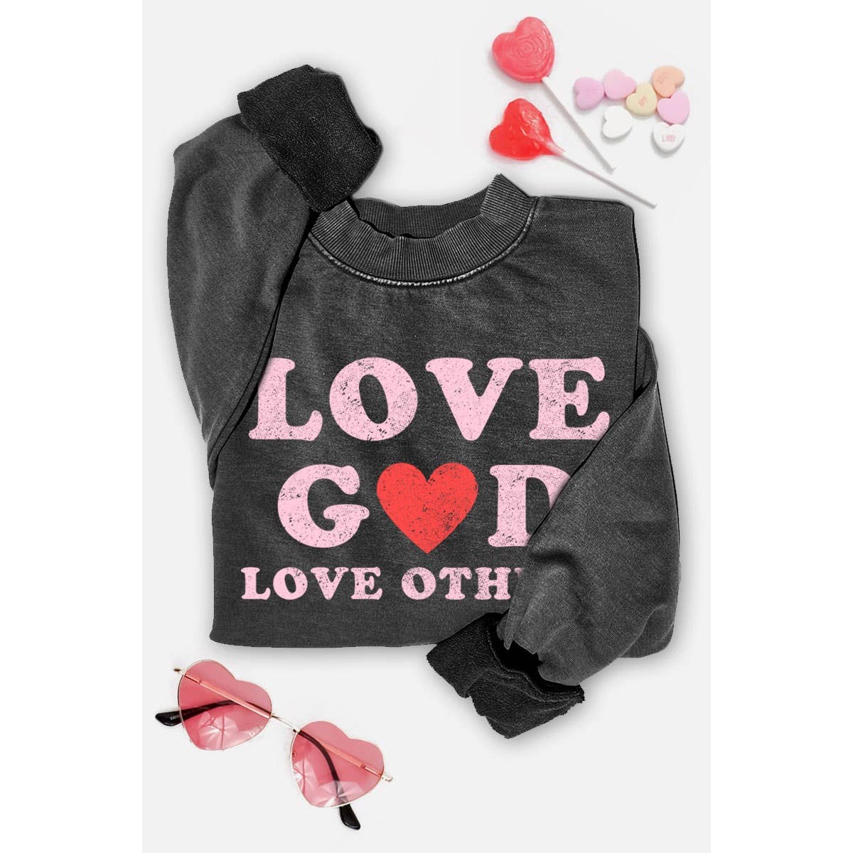 LOVE GOD LOVE OTHERS MINERAL GRAPHIC SWEATSHIRTS: MINERAL HOT PINK / S-M-L-XL(1-2-2-1)