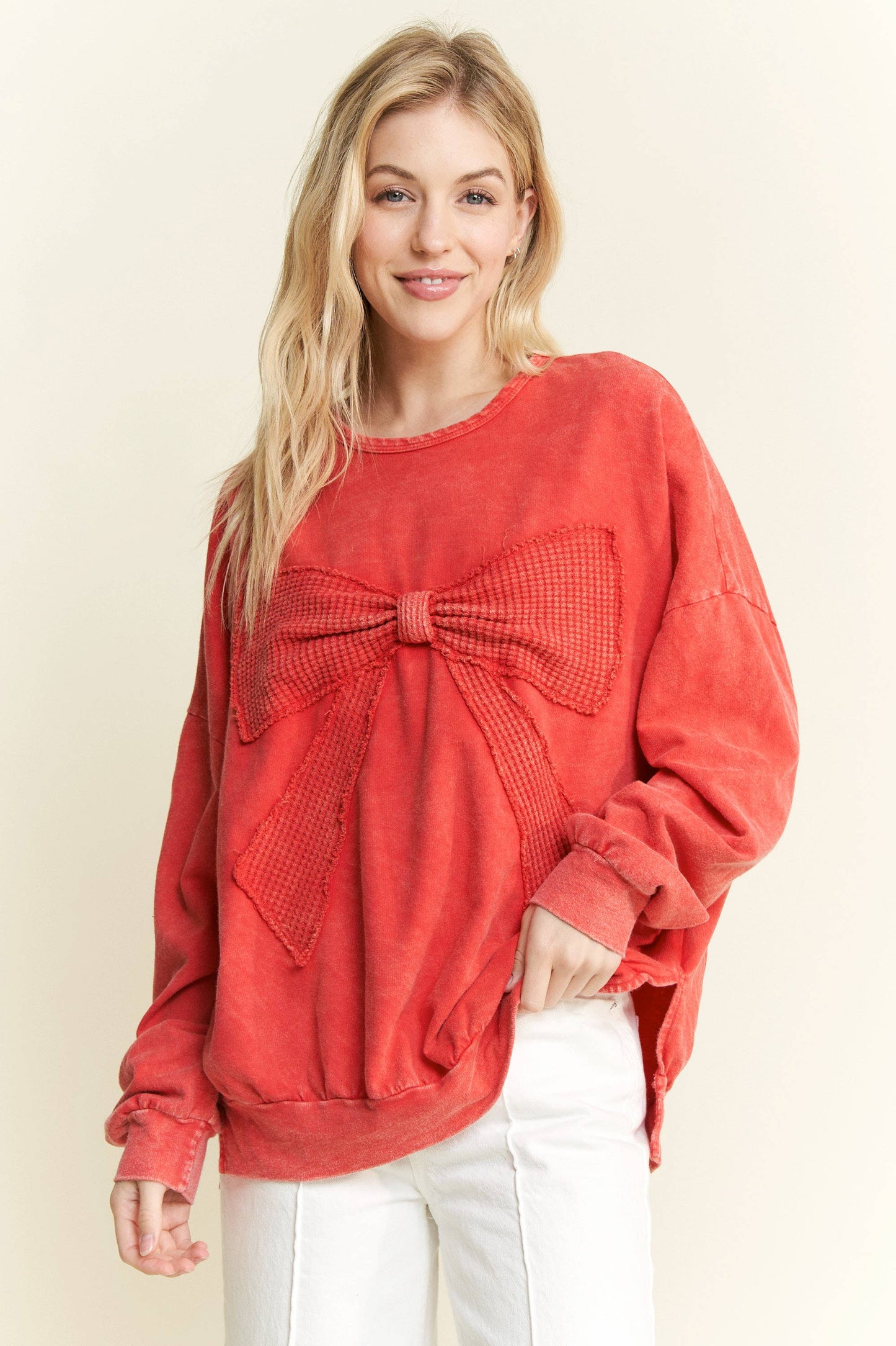 I'm a gift for you Waffle Ribbon bow terry top HT6129: Denim Blue / S-M-L / 2-2-2