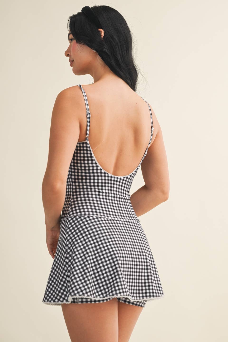 Gingham Print Lace Trim Ruffle Mini Dress: Blue Gingham / L