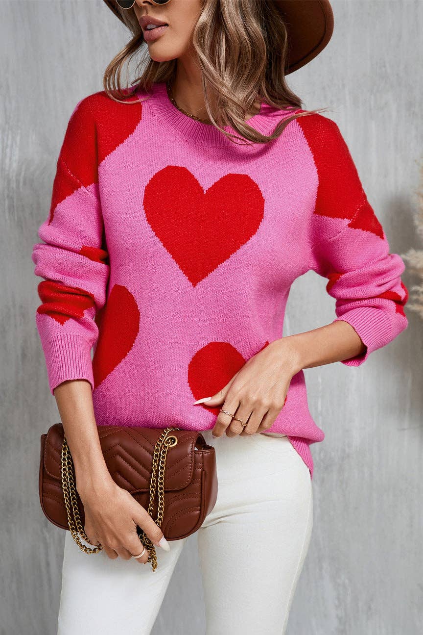 Valentine Heart Knit Sweater Pink Red Pullover Top: Rose Red / M