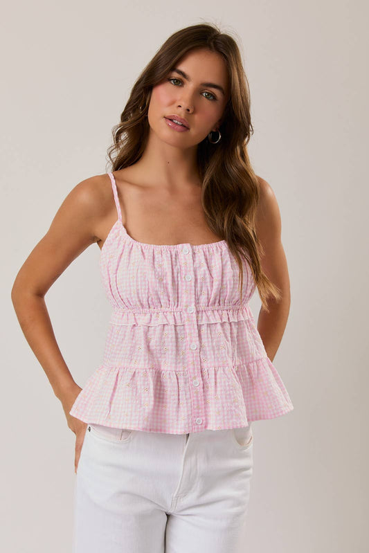 SHIRRED NECK BABYDOLL SPAGHETTI TIERED TOP: PINK GINGHAM / XS