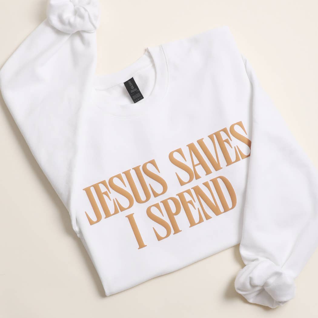 JESUS SAVES I SPEND PUFF MIDWEIGHT Sweatshirt: LIGHT PINK / S