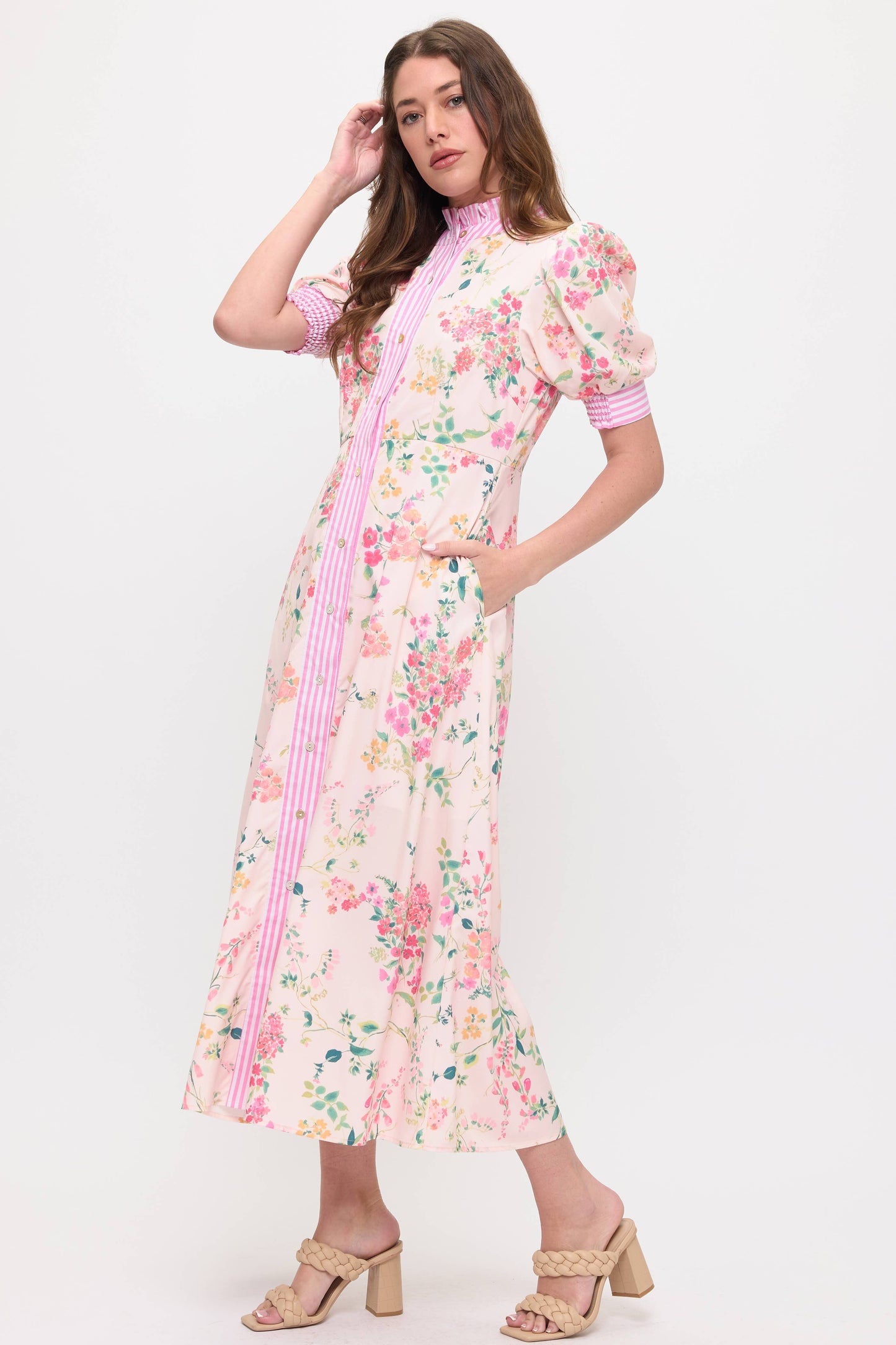 Floral Shirt Midi Dress: Light Pink / 2 S - 2 M - 2 L - 2 XL