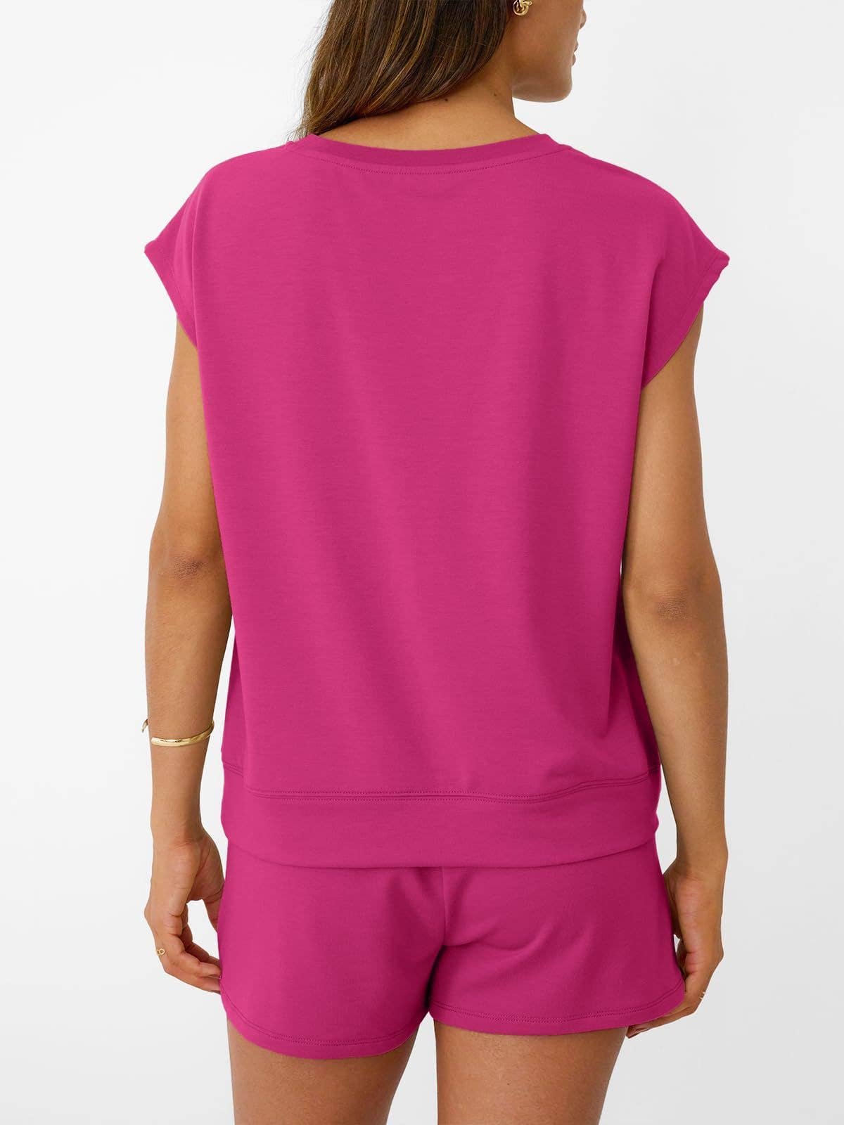 Womens Black Lounge Set Cap Sleeve Top and Shorts: Rose Red / 65%Polyester+30%Viscose+5%Elastane / XL