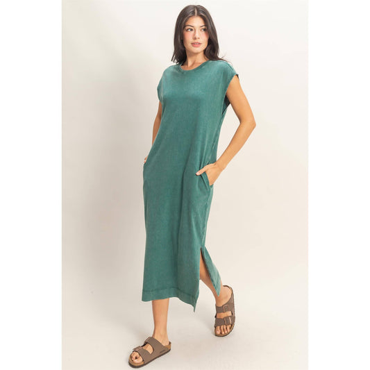 Mineral Wash Cap Sleeve Midi Dress: DARK TEAL / S-M-L(2-2-2)