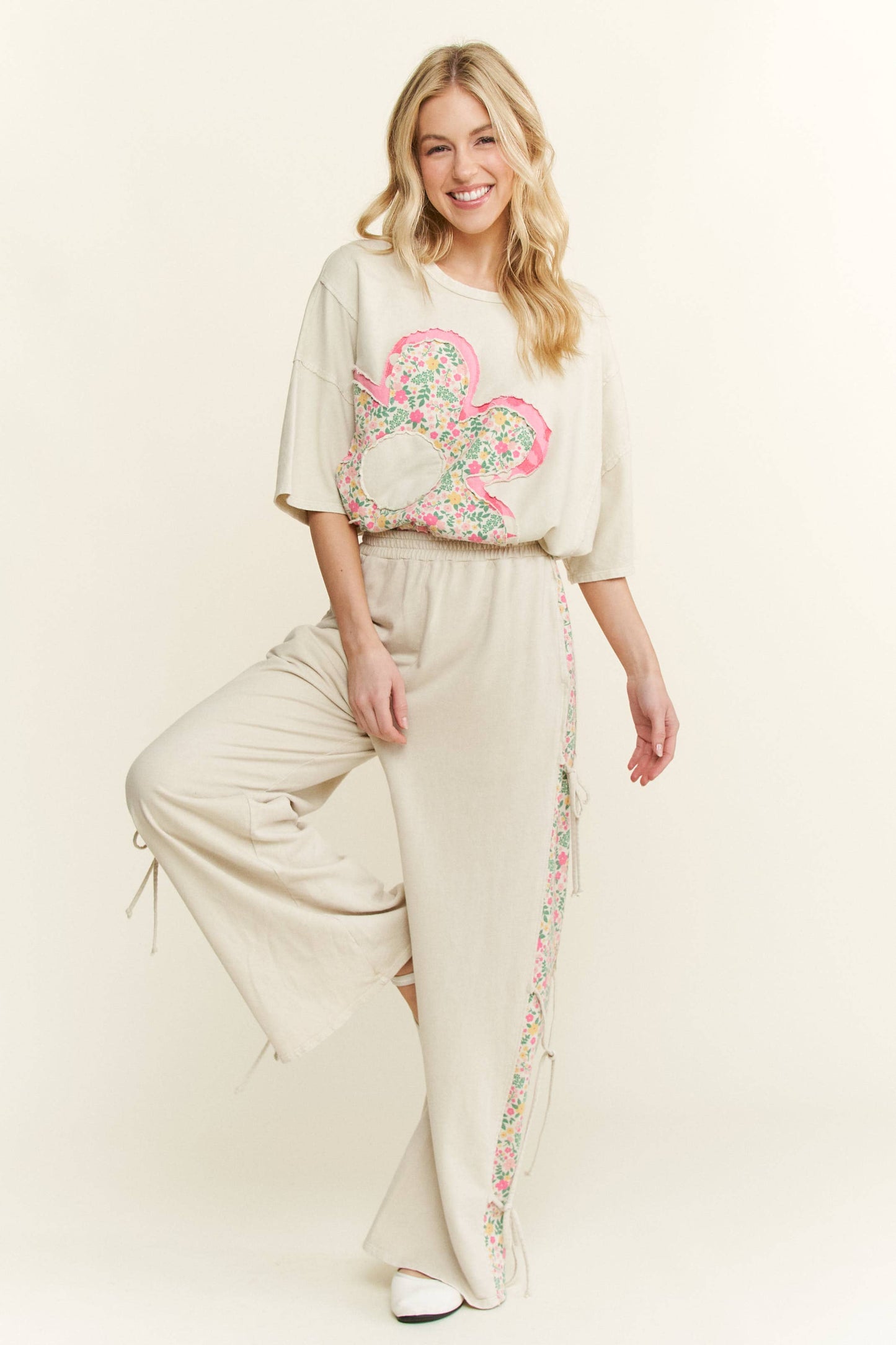 MineralWashed Bow Ribbon tie on the side Pants HP6418: DenimBlue / S-M-L / 2-2-2