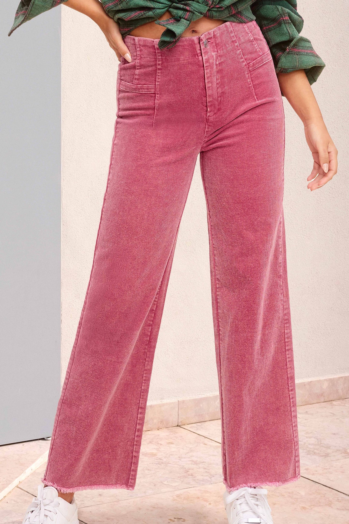 MCP4220-Mineral Washed High Waisted Wide Leg Corduroy Pants: Brown / M