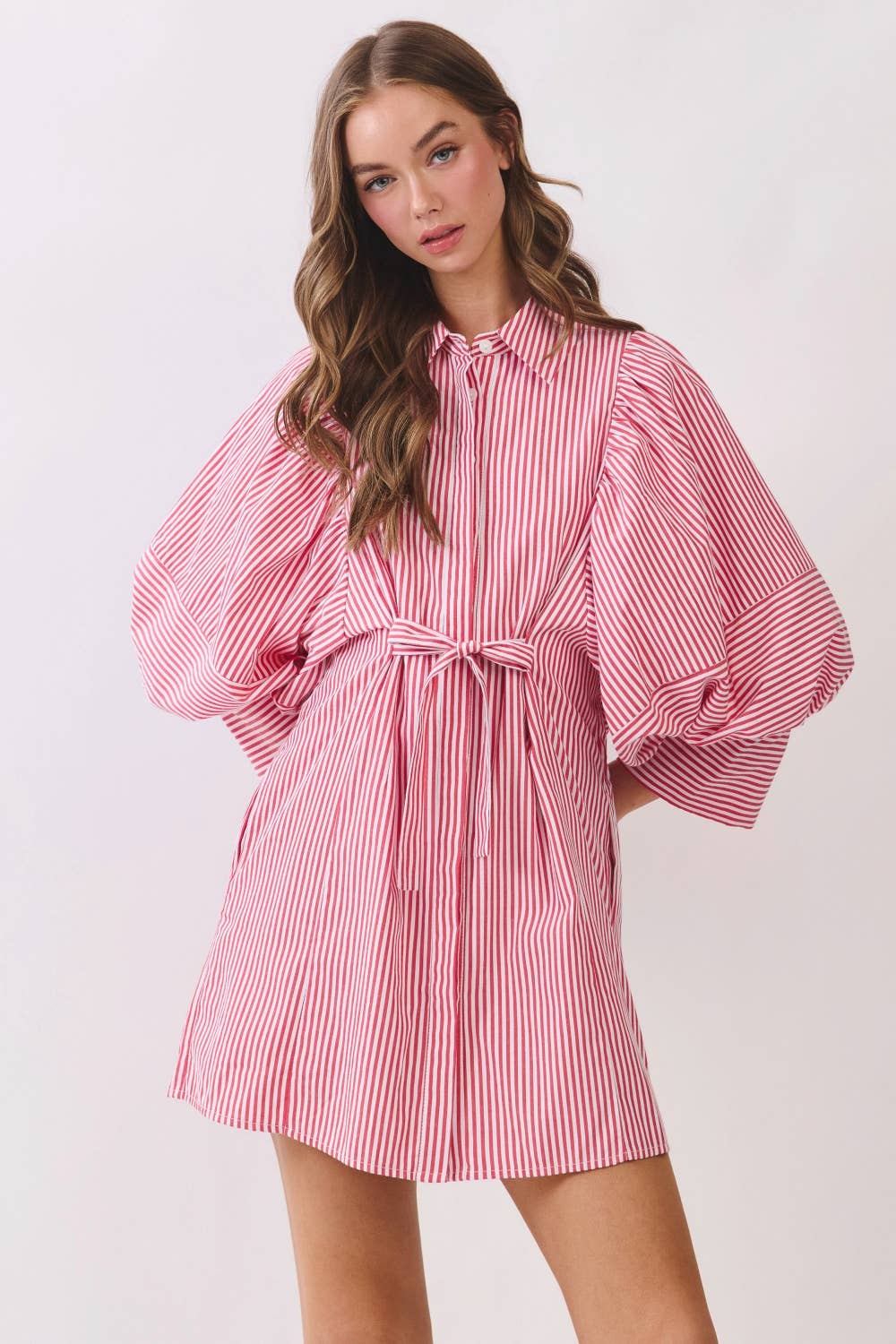 Statement Sleeve Mini Shirt Dress REMI245-S : PINK STRIPE / S
