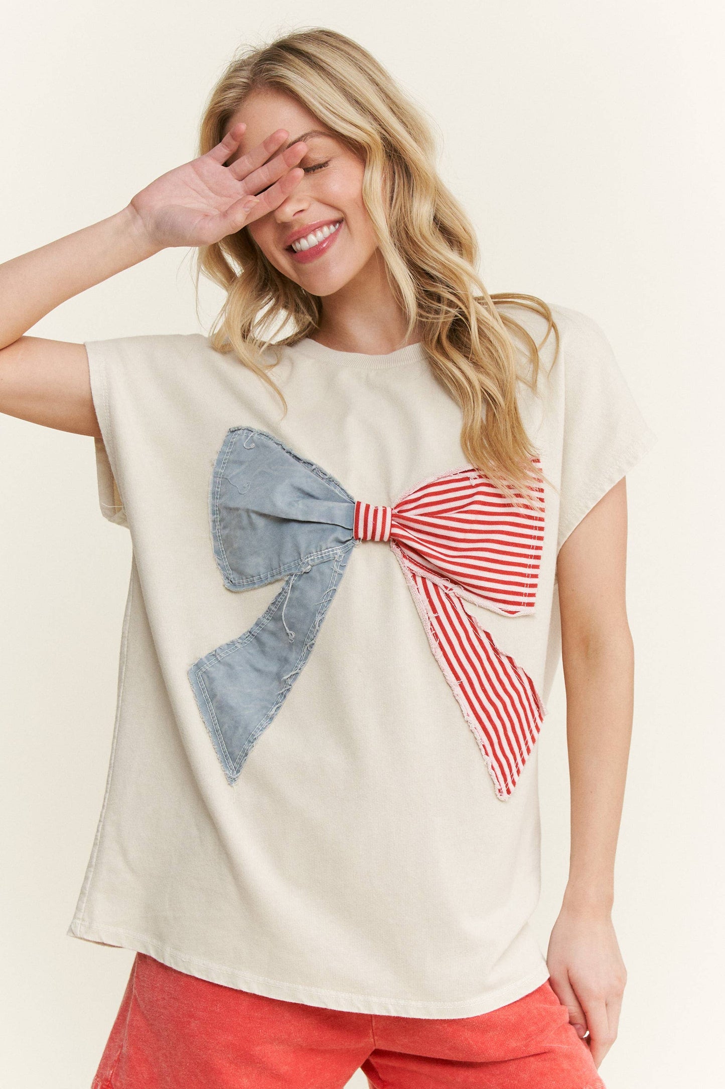 MineralWashed Americana Bow Sleeveless Blouse top HT5647P2.: Cyan