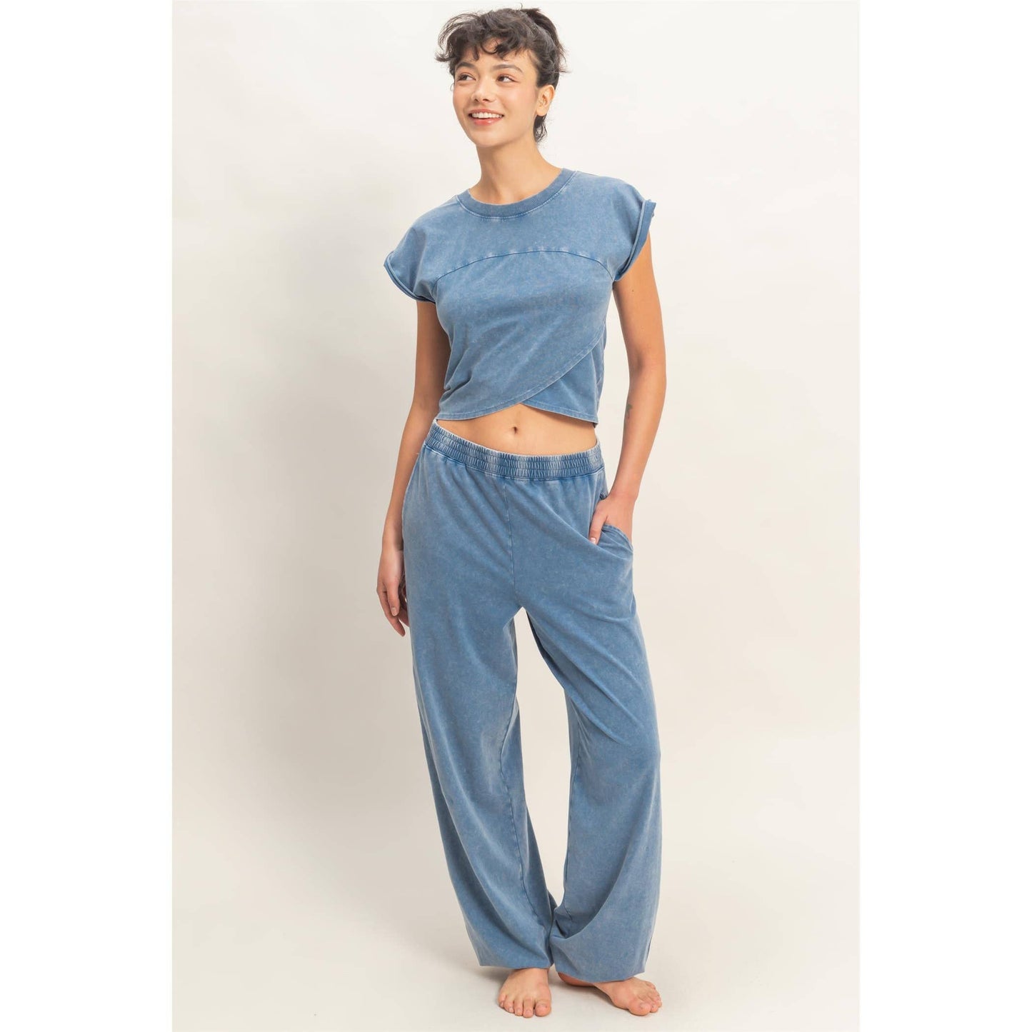 Rolled Sleeve Wrap-Front Crop Top And Jogger Set: DARK TEAL / S-M-L(2-2-2)