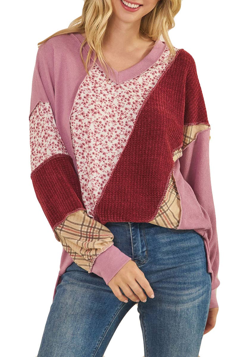 Multi Fabric Patchwork V Neck Long Sleeve Top: MAUVE / 2-2-2-2(S-M-L-XL)