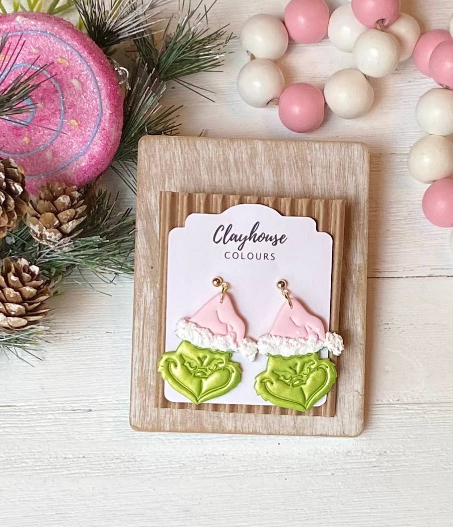Pink Mean Green Christmas Clay Earrings: Pink