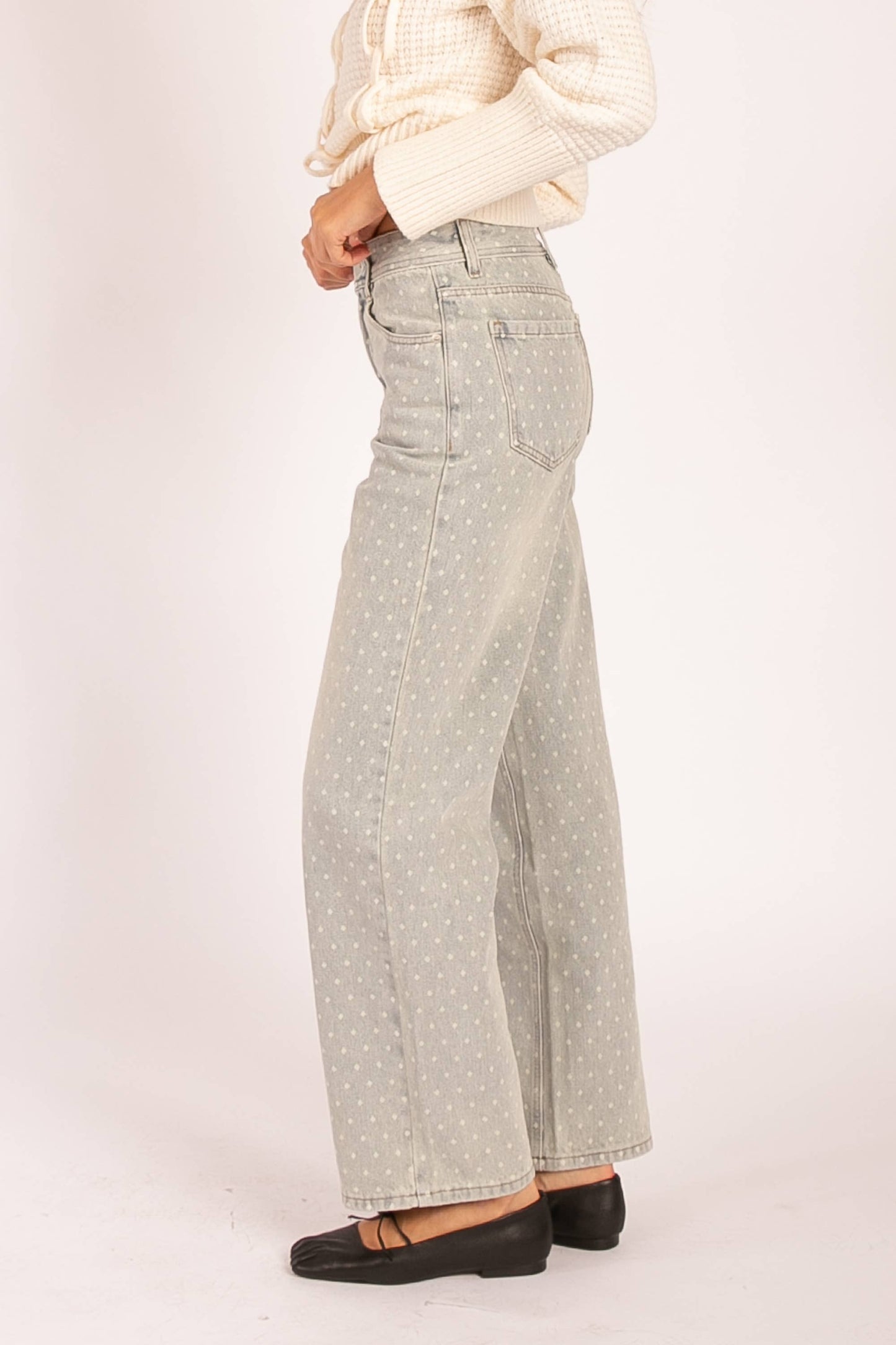 LP1032 Polka Dot High-Waisted Straight Leg Jeans: LIGHT DENIM / S-M-L (2-2-2)