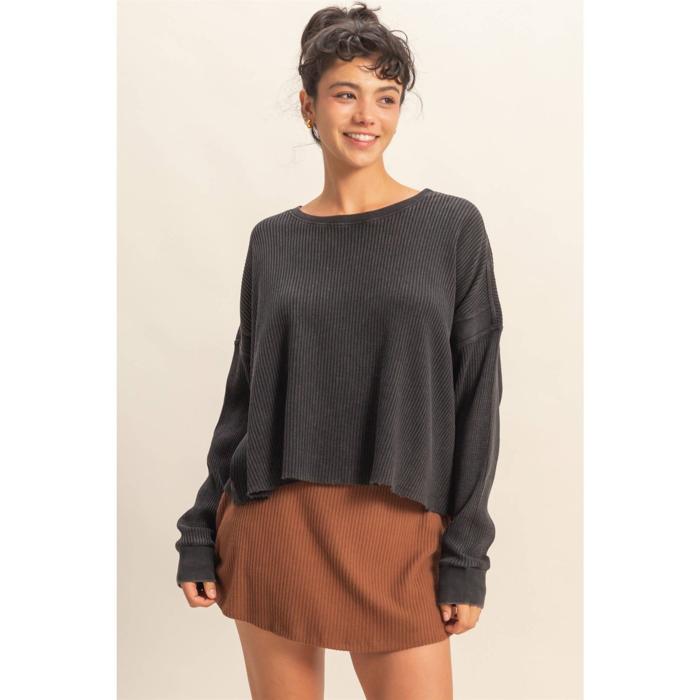 Chic Open Back Textured Knit Long Sleeve Top: TAFFY PINK / S-M-L(2-2-2)