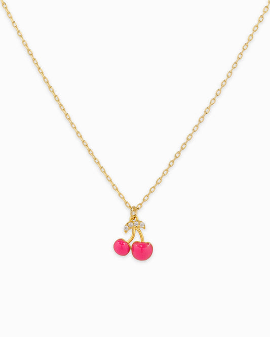 Cherry CZ Fruit Pendant Necklace: Hot Pink