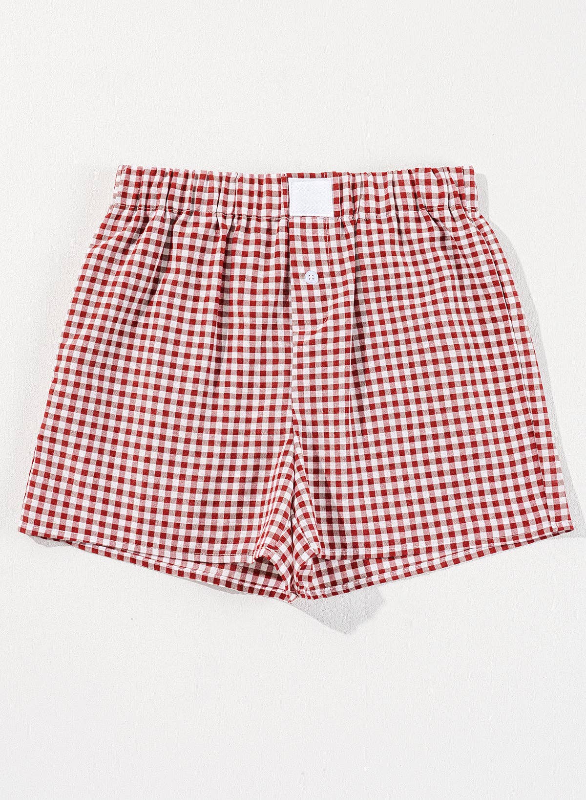 Red Gingham High Waisted Elastic Waist Summer Shorts: Red Stripe / 100%Polyester / L