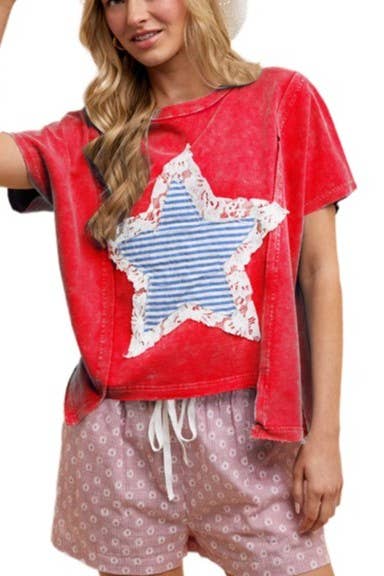 Mineral Washed Usa Stripe Star Lace Patch Knit Top: BLUE / 2-2-2-2(S-M-L-XL)