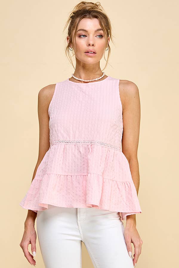 WK50480 - BABYDOLL TIER BUBLLE WOVEN TOP WITH TIE BACK: SATIN ROSE / S-M-L/2-2-2