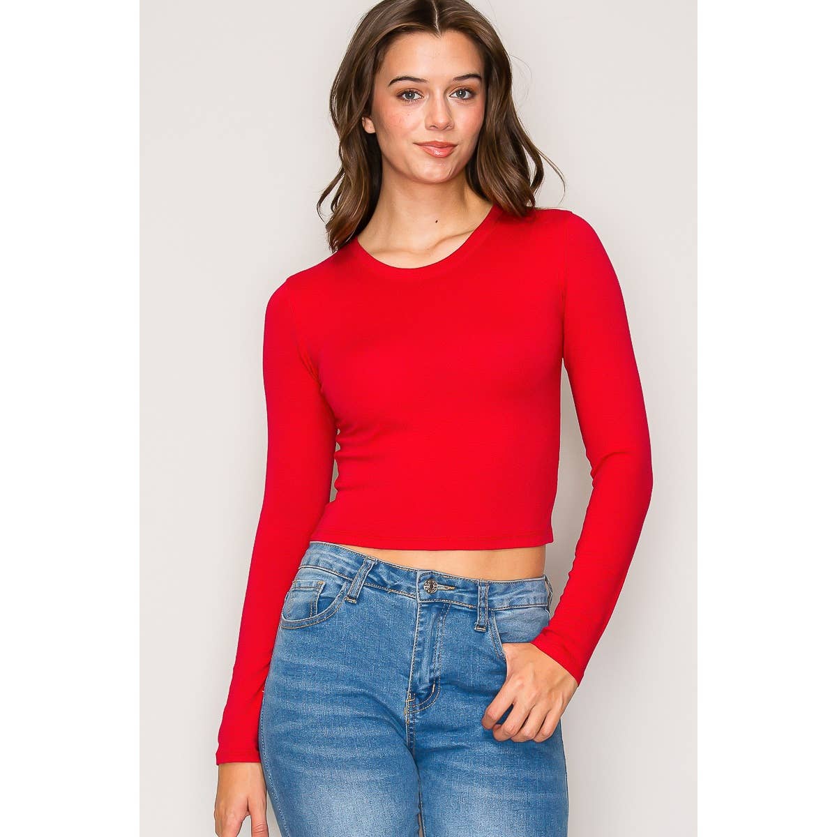 Crew Neck Long Sleeve Cotton Cropped Knit Top: Chili Oil / S-M-L(2-2-2)