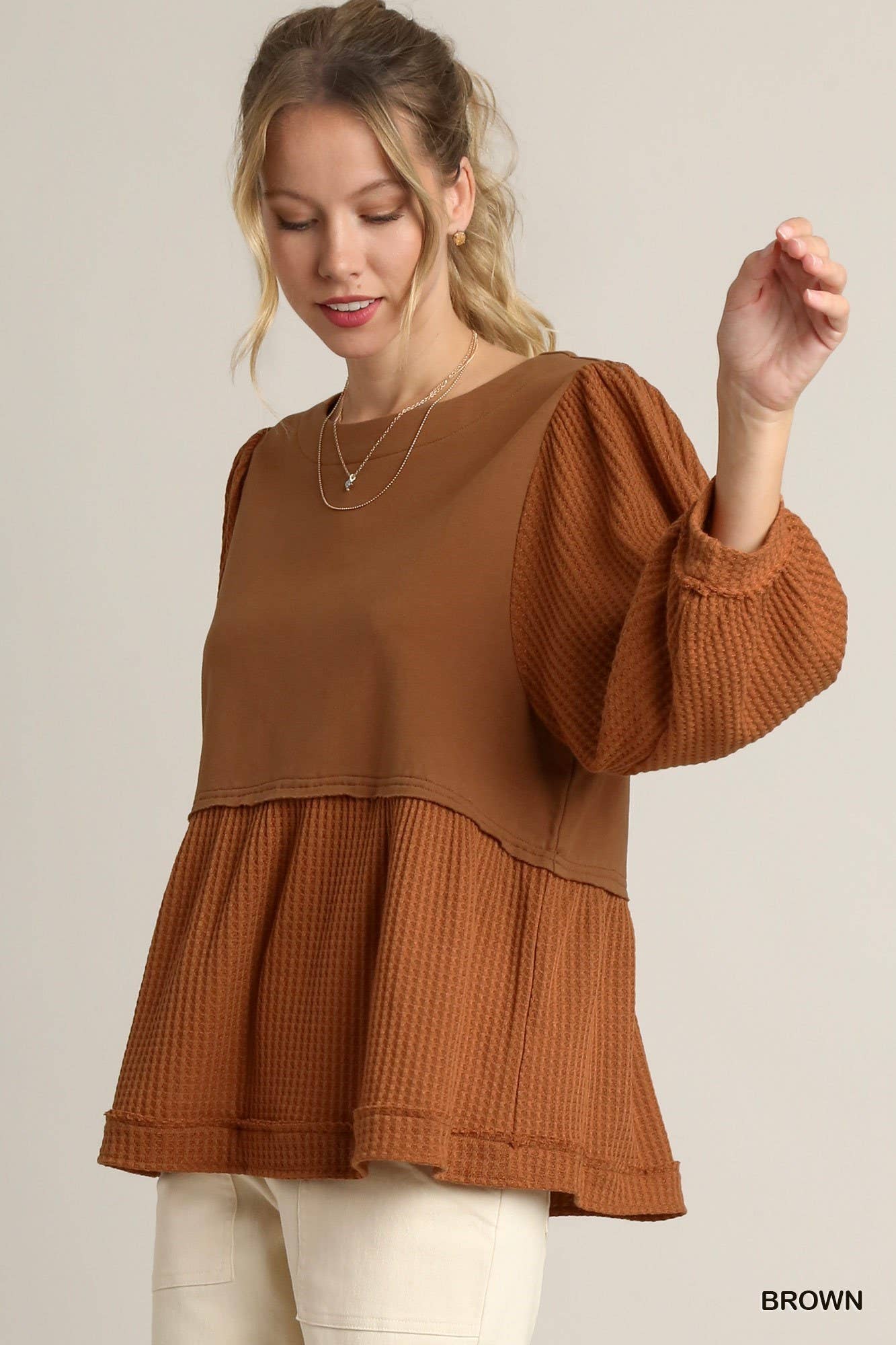 Solid French Terry Top With Thermal Contrast Sleeve: BROWN / 2-2-2 (S-M-L)