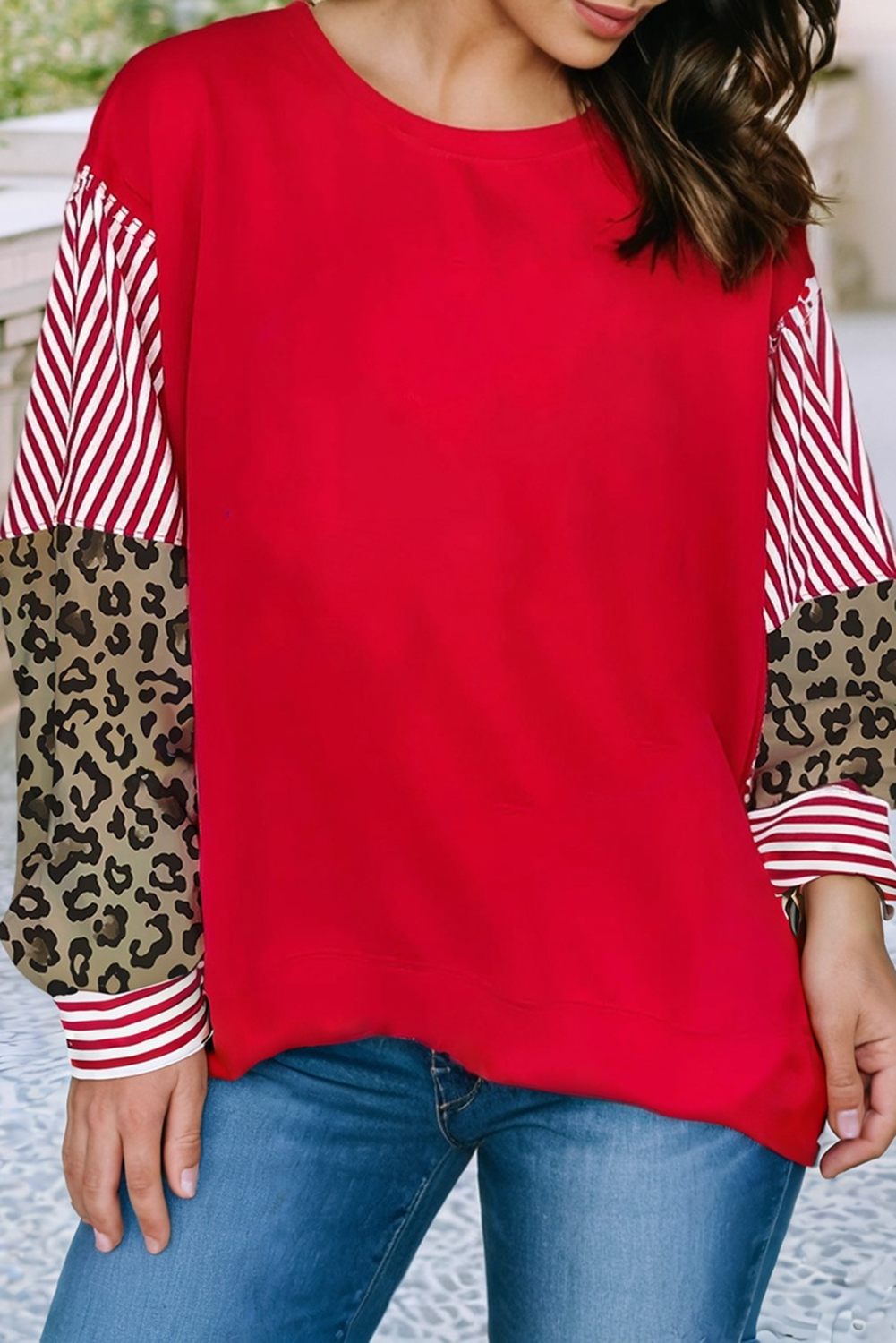 LDC Striped Patchwork Sleeve Colorblock Sweatshirt: Fiery Red / XL