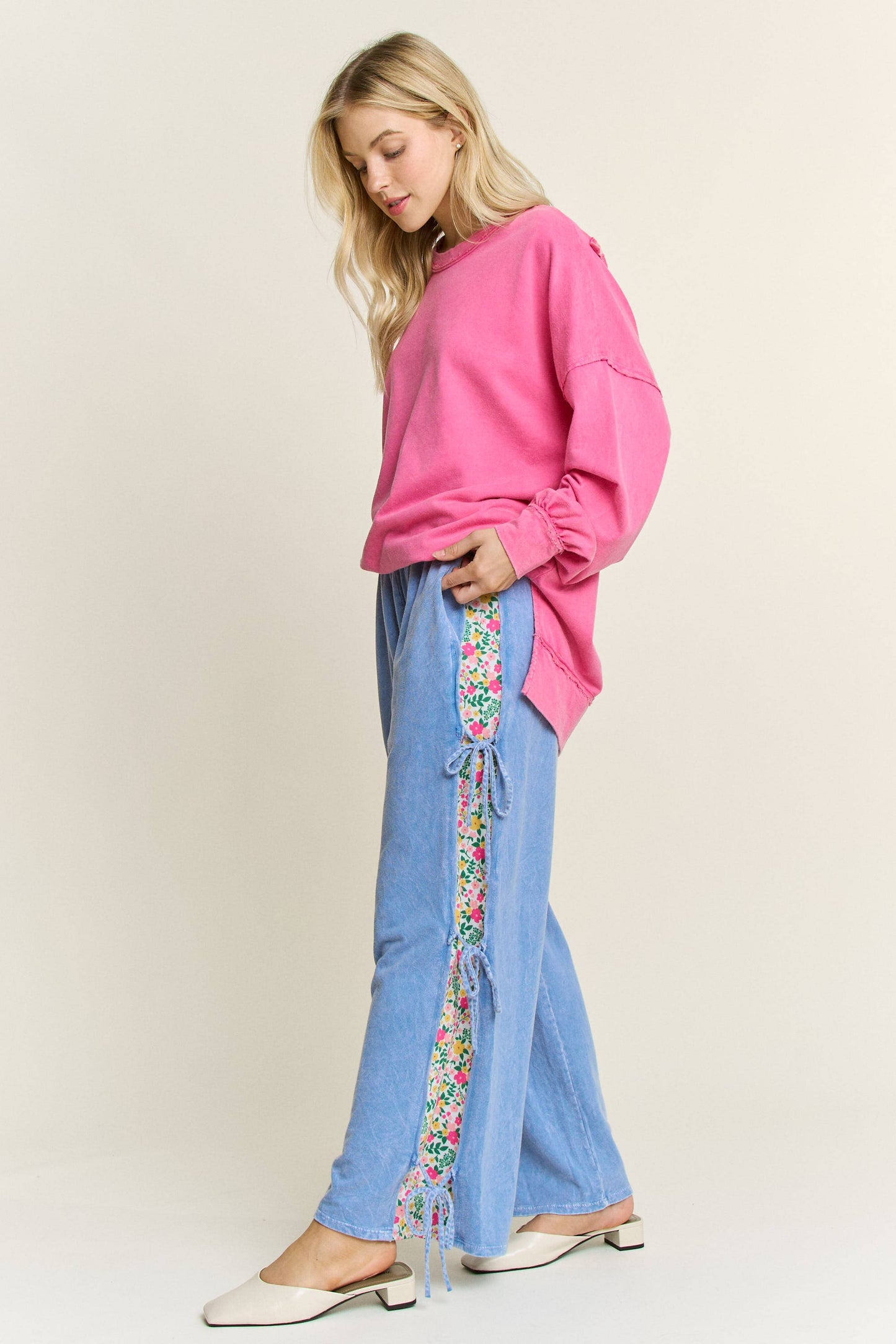 MineralWashed Bow Ribbon tie on the side Pants HP6418: DenimBlue / S-M-L / 2-2-2