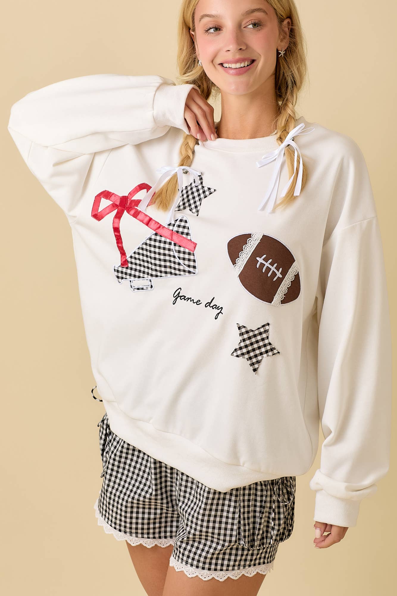 Football Game Day Patchwork Long Sleeve Crewneck Top: BLACK / S