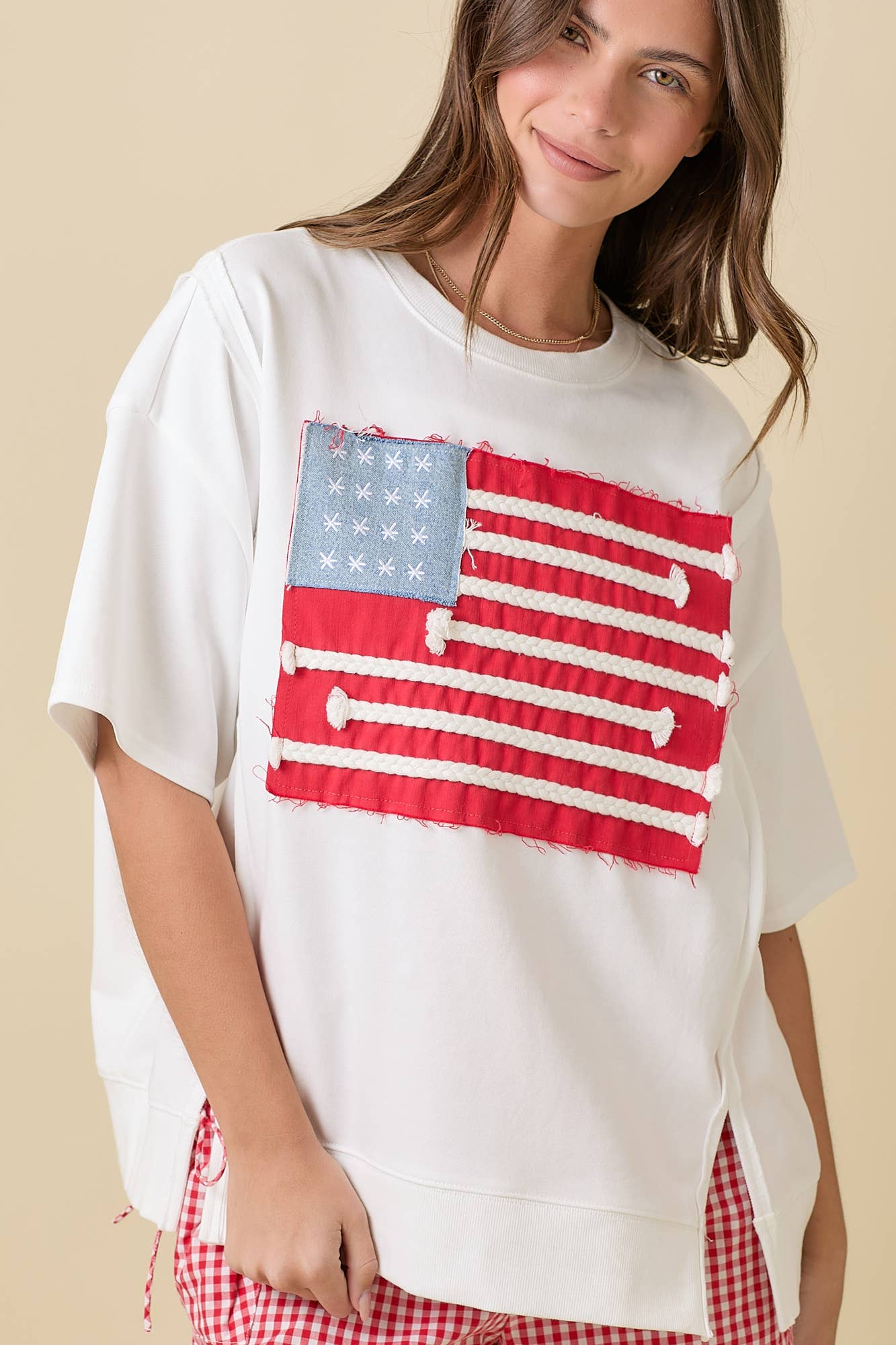 Boxy Wide Short Sleeve Top With American Flag Patchwork: DARK BLUE / S