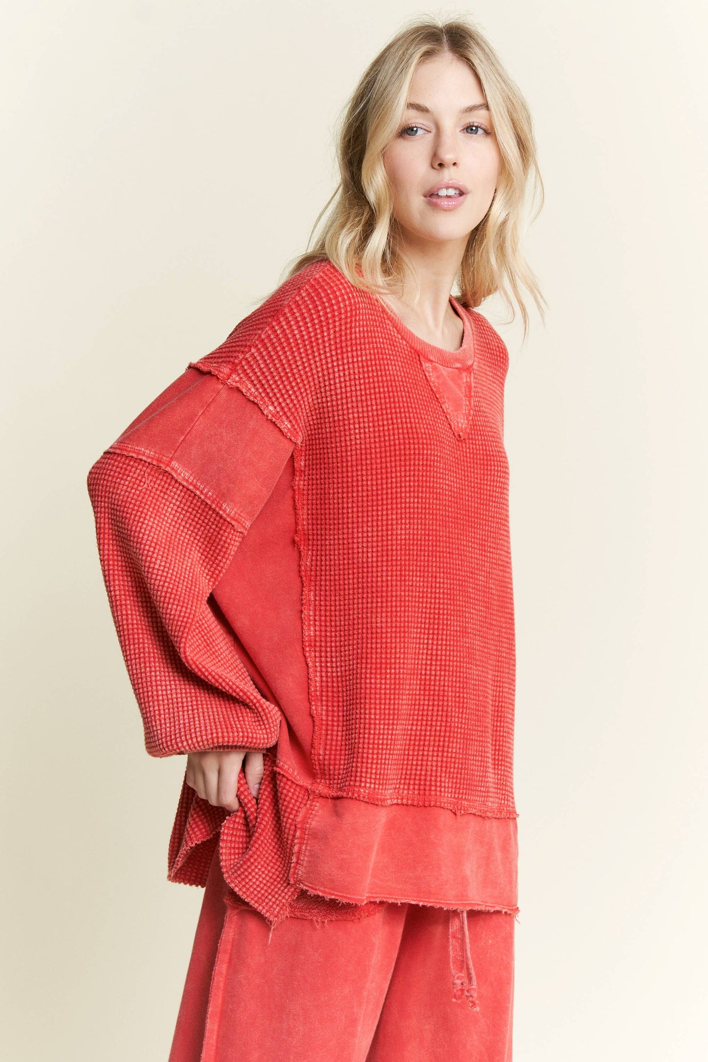 MineralWash Waffle and terry oversized fall shirt HT5989.: Midnight Green / S-M-L / 2-2-2