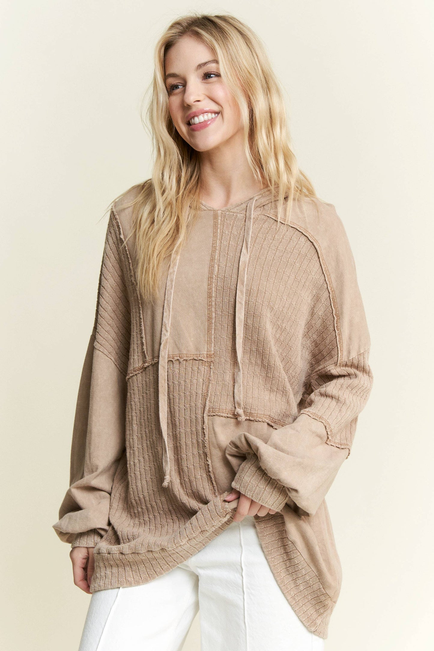 MineralWash Sweater block stitched hoodie shirt HT5969.: Olive / S-M-L / 2-2-2