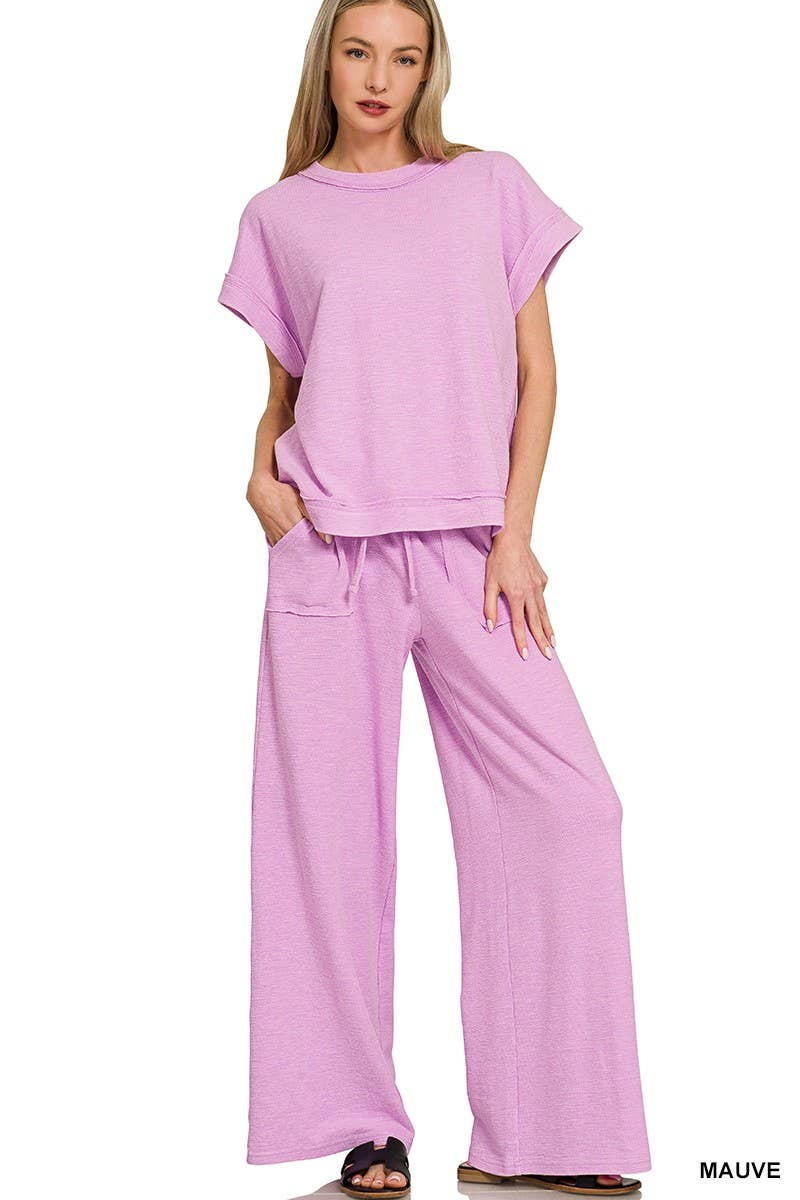 Washed Slub Short Sleeve Tee And Long Pants Set: DK PINK / 1-1-1(S-M-L)