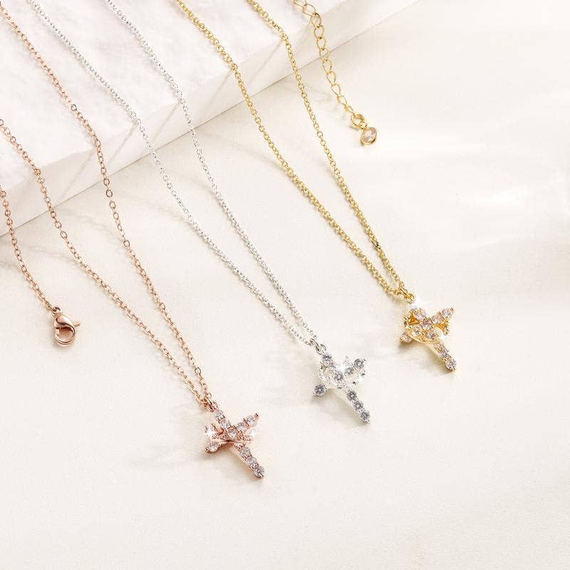 Sparkling Crown Cross Pendant Necklace Christian Jewelry: Silver