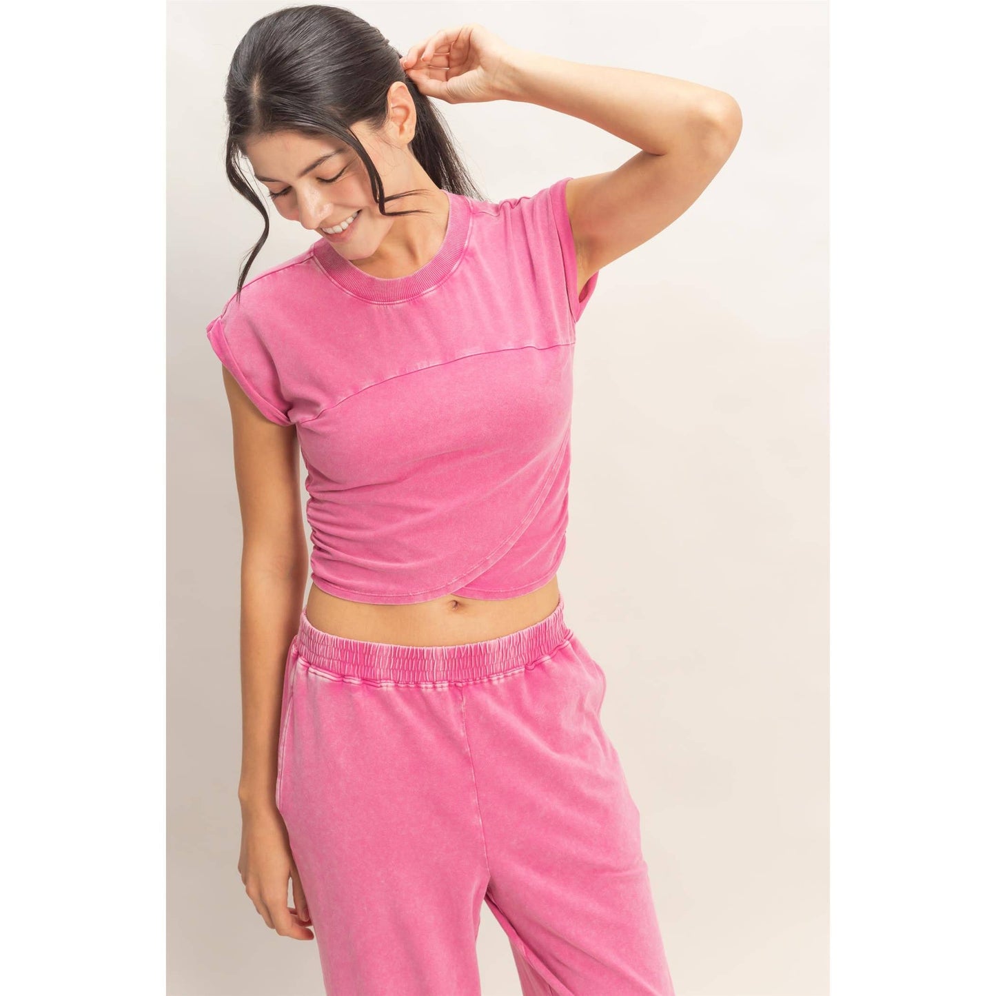 Rolled Sleeve Wrap-Front Crop Top And Jogger Set: DARK TEAL / S-M-L(2-2-2)