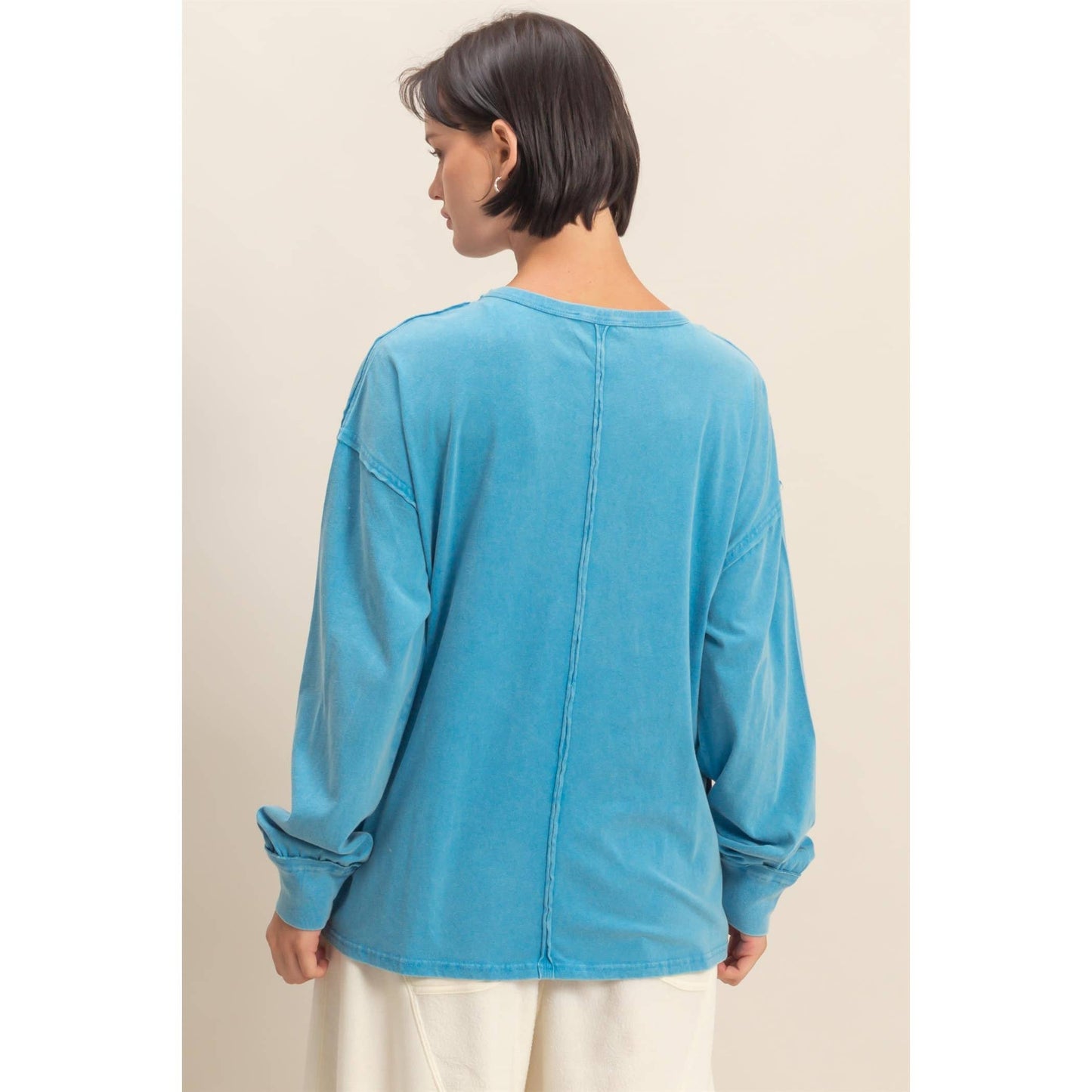 Oversized Washed Long Sleeve Pocket Tee: BLACK / S-M-L(2-2-2)