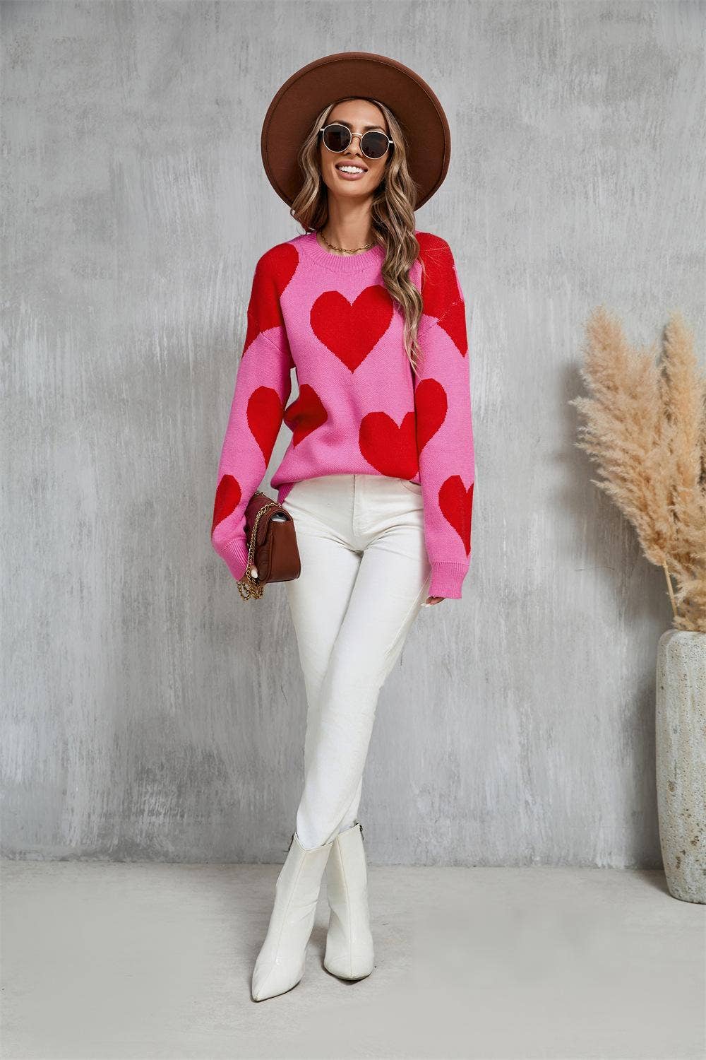 Valentine Heart Knit Sweater Pink Red Pullover Top: Rose Red / S