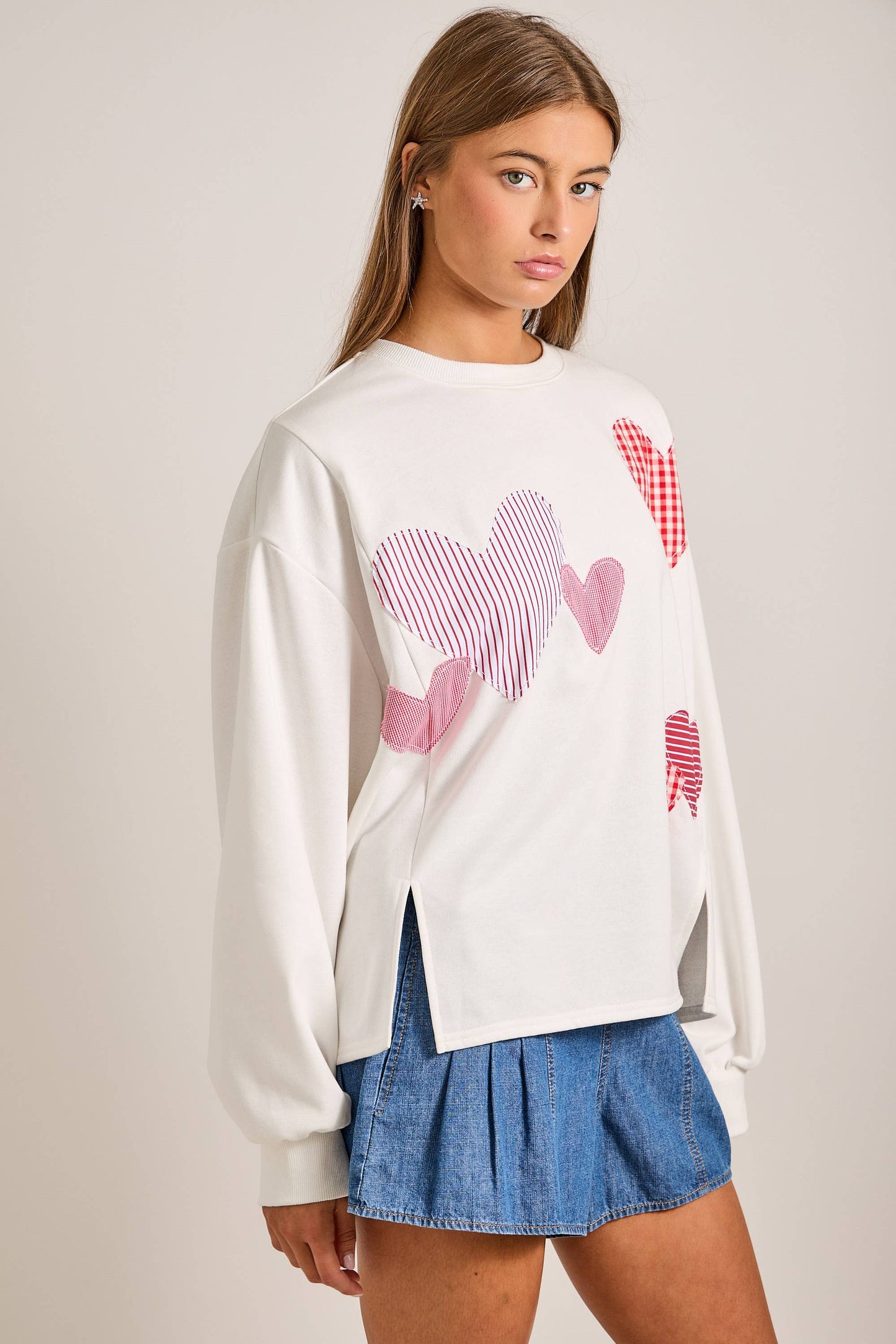 Red Heart Patchwork Sweatshirt – Valentine Pullover: RED / S