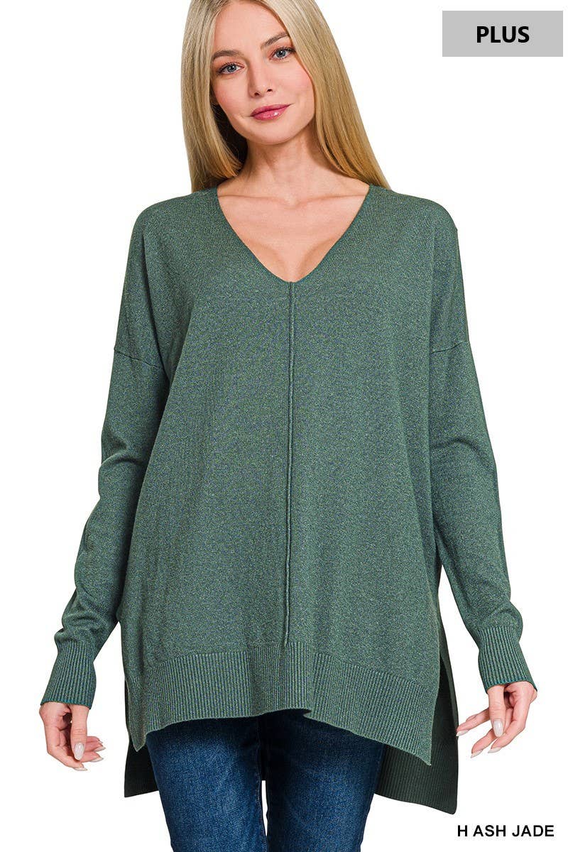 Plus Hi-Low Hem V-Neck Center Seam Sweater: H LT NAVY / 3-2 (1XL/2XL-2XL/3XL)