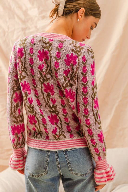 Floral Intarsia Button Up Sweater Cardigan: LAVENDER / 3-2-1 (S-M-L)
