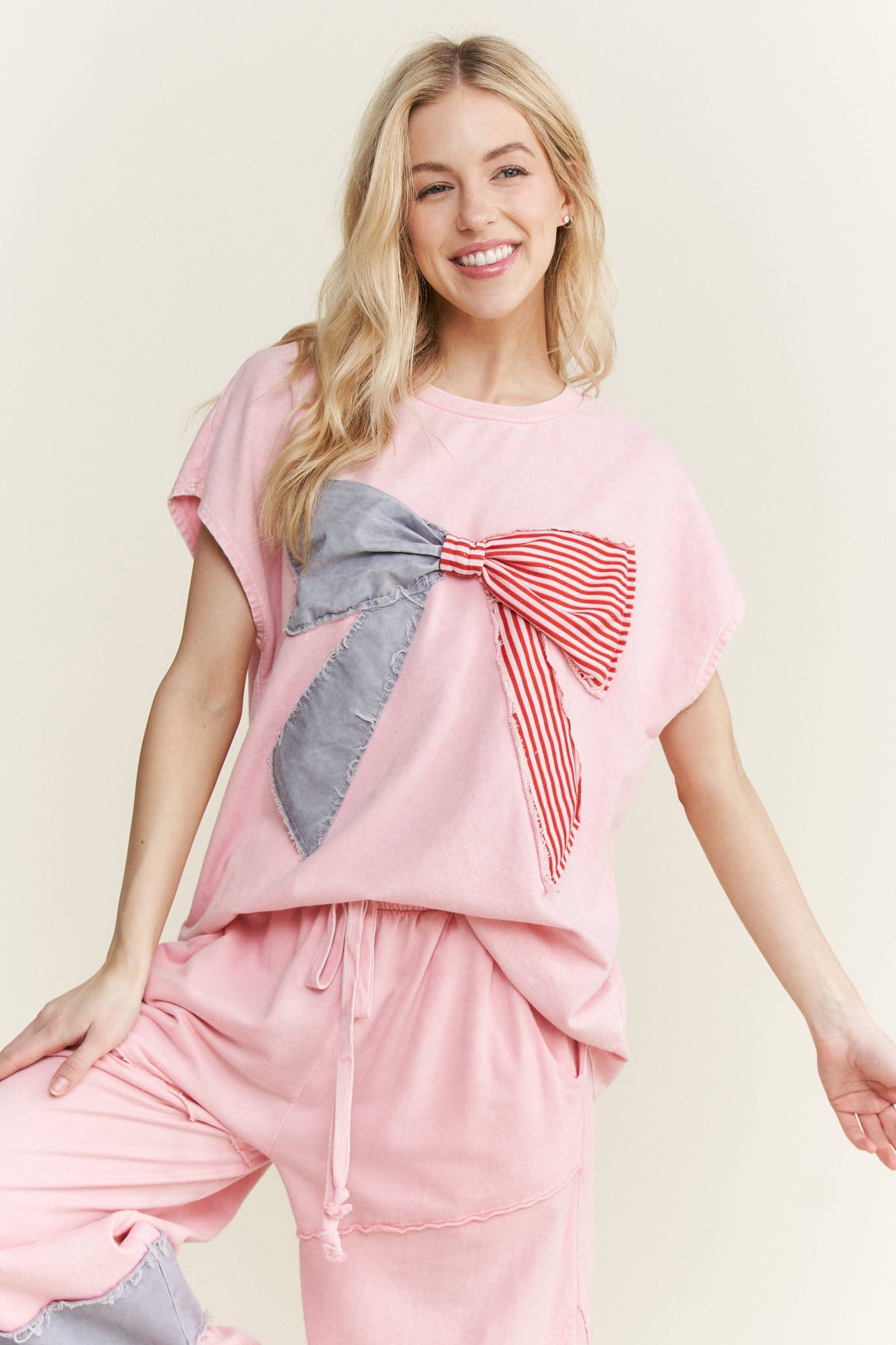 MineralWashed Americana Bow Sleeveless Blouse top HT5647P2.: Cyan