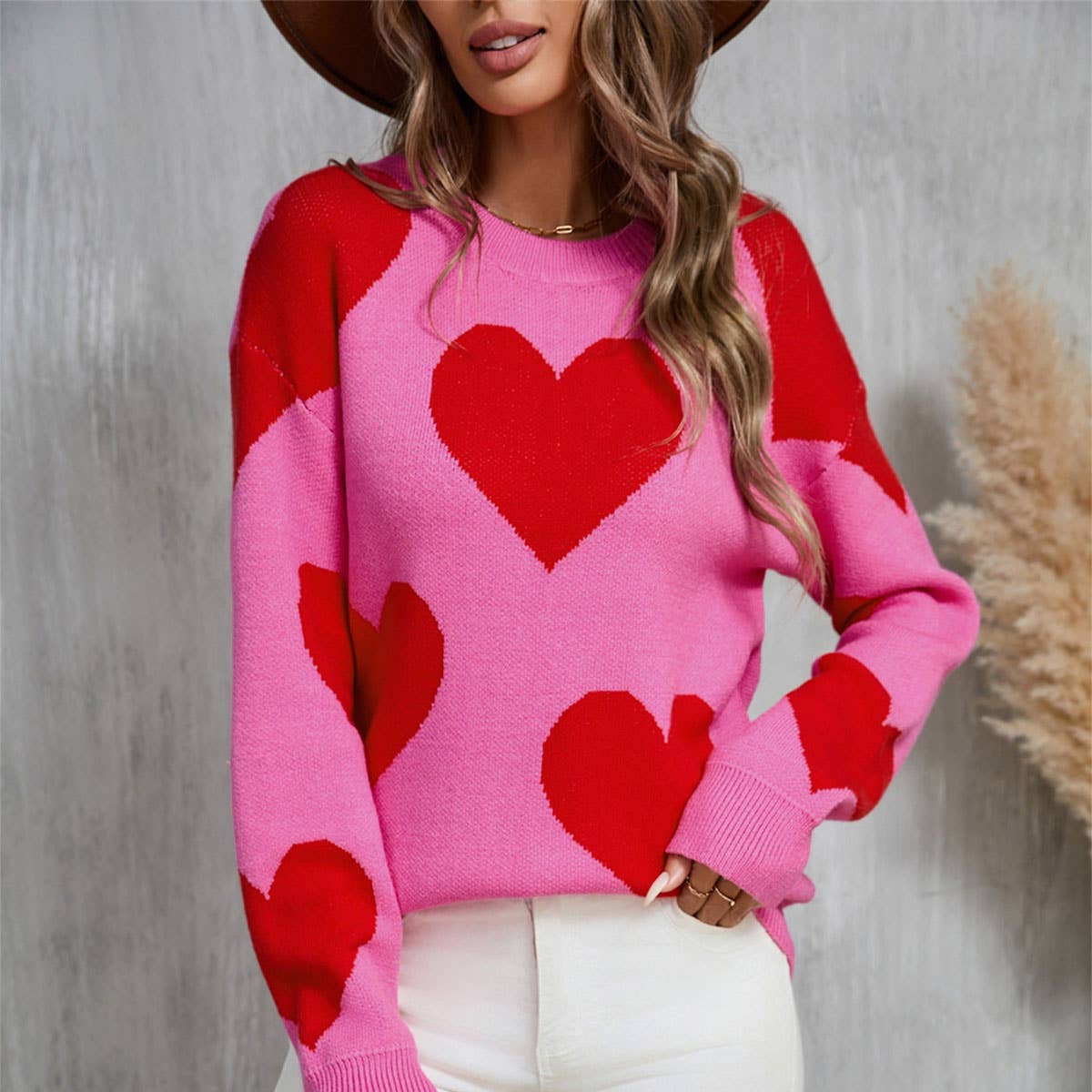 Valentine's Day jacquard pullover sweater: White / (S) 1