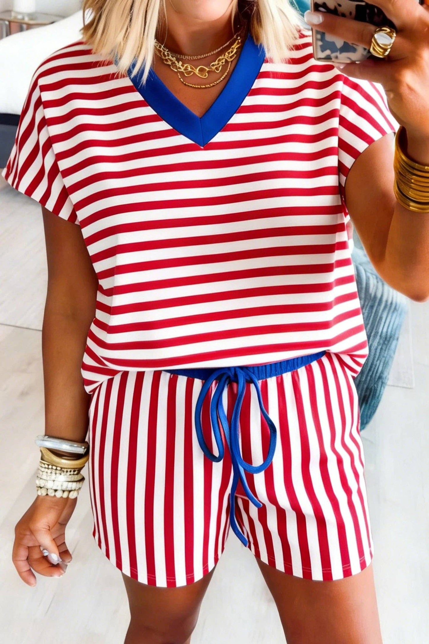 Red Stripe Flag Day Independence Day Shorts Set: Yellow Stripe / 95%Cotton+5%Elastane / M