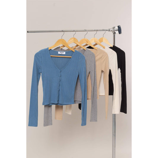 Brushed Ribbed Button-Front Top: GRAY BLUE / S-M-L(2-2-2)